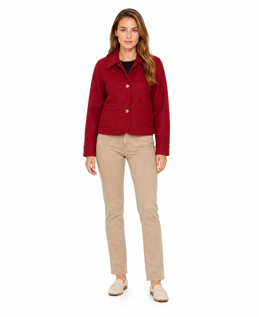 Women'S Signature Red Wool Blend Felt Jacket 7 Women Signature Red Wool Blend Felt Jacket Front View - Trendy Leather Jackets