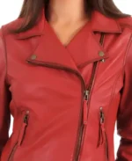 Women's Asymmetrical Leather Biker Jacket Closeup - Trendy Leather Jackets