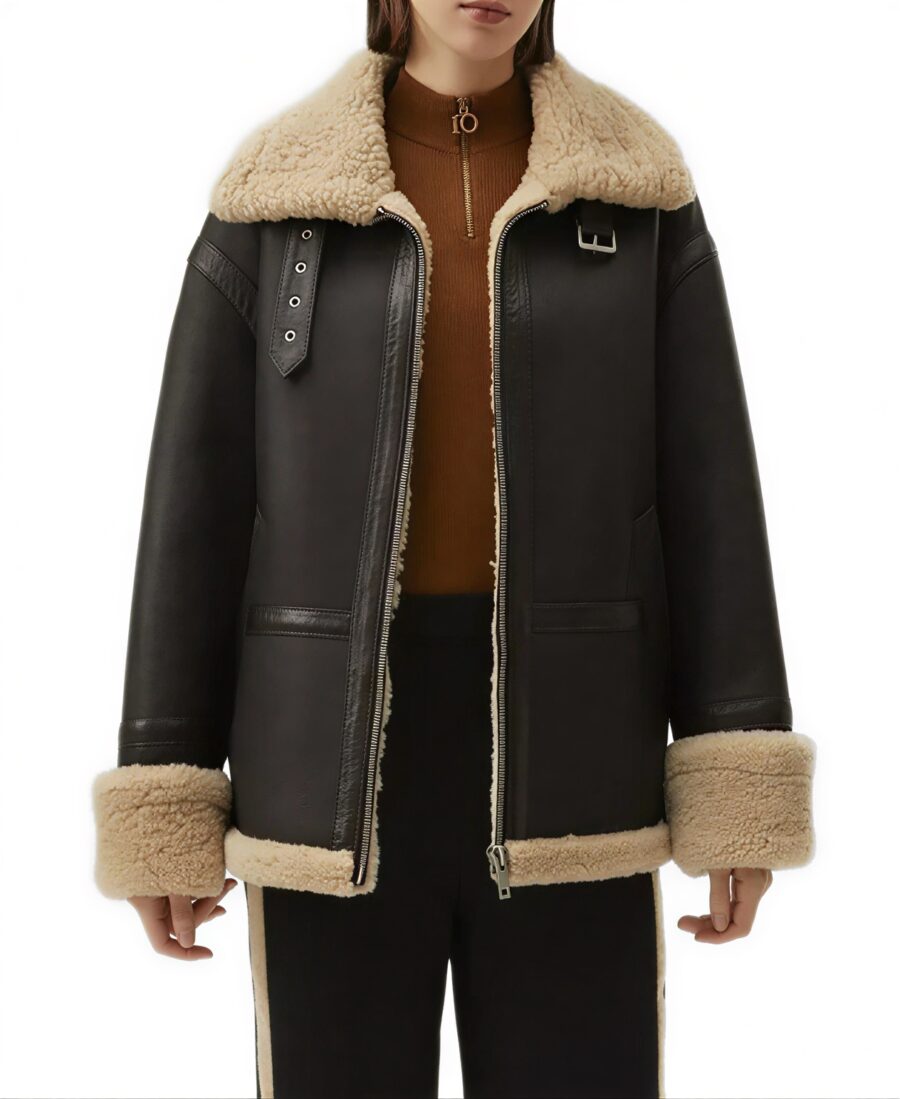 Women'S Black Faux Sherpa Leather Jacket 6 Women'S Black Faux Sherpa Leather Jacket Front - Trendy Leather Jackets