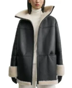 Women's Black Oversized Leather Shearling Jacket - Trendy Leather Jackets