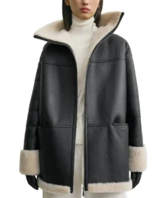 Women's Black Oversized Leather Shearling Jacket - Trendy Leather Jackets