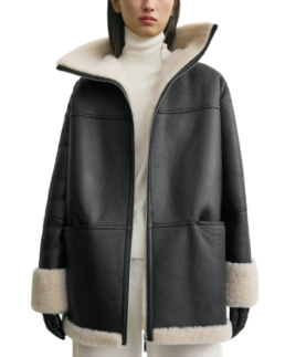 Women's Black Oversized Leather Shearling Jacket - Trendy Leather Jackets