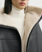 Women's Black Oversized Leather Shearling Jacket Closeup - Trendy Leather Jackets