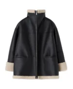Women's Black Oversized Leather Shearling Jacket Front - Trendy Leather Jackets