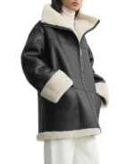 Women's Black Oversized Leather Shearling Jacket Side - Trendy Leather Jackets