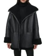 Women's Black Oversized Shearling Leather Jacket - Trendy Leather Jackets