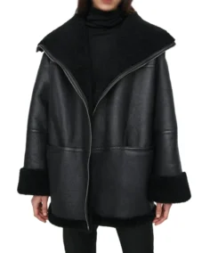 Women's Black Oversized Shearling Leather Jacket - Trendy Leather Jackets