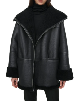 Women's Black Oversized Shearling Leather Jacket - Trendy Leather Jackets