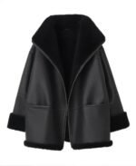 Women's Black Oversized Shearling Leather Jacket Front - Trendy Leather Jackets