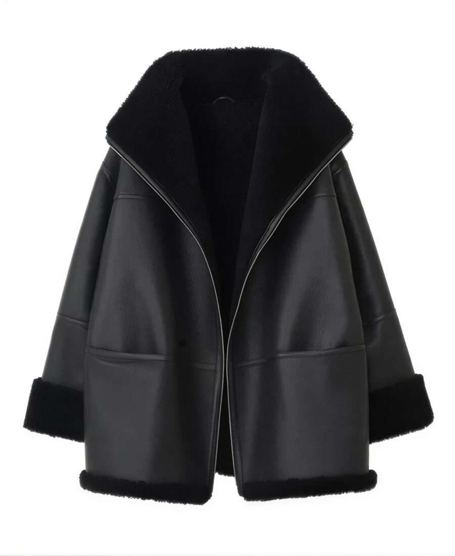 Women'S Black Oversized Shearling Leather Jacket Front - Trendy Leather Jackets