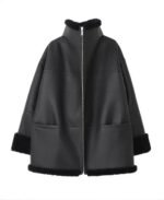 Women's Black Oversized Shearling Leather Jacket Front View - Trendy Leather Jackets