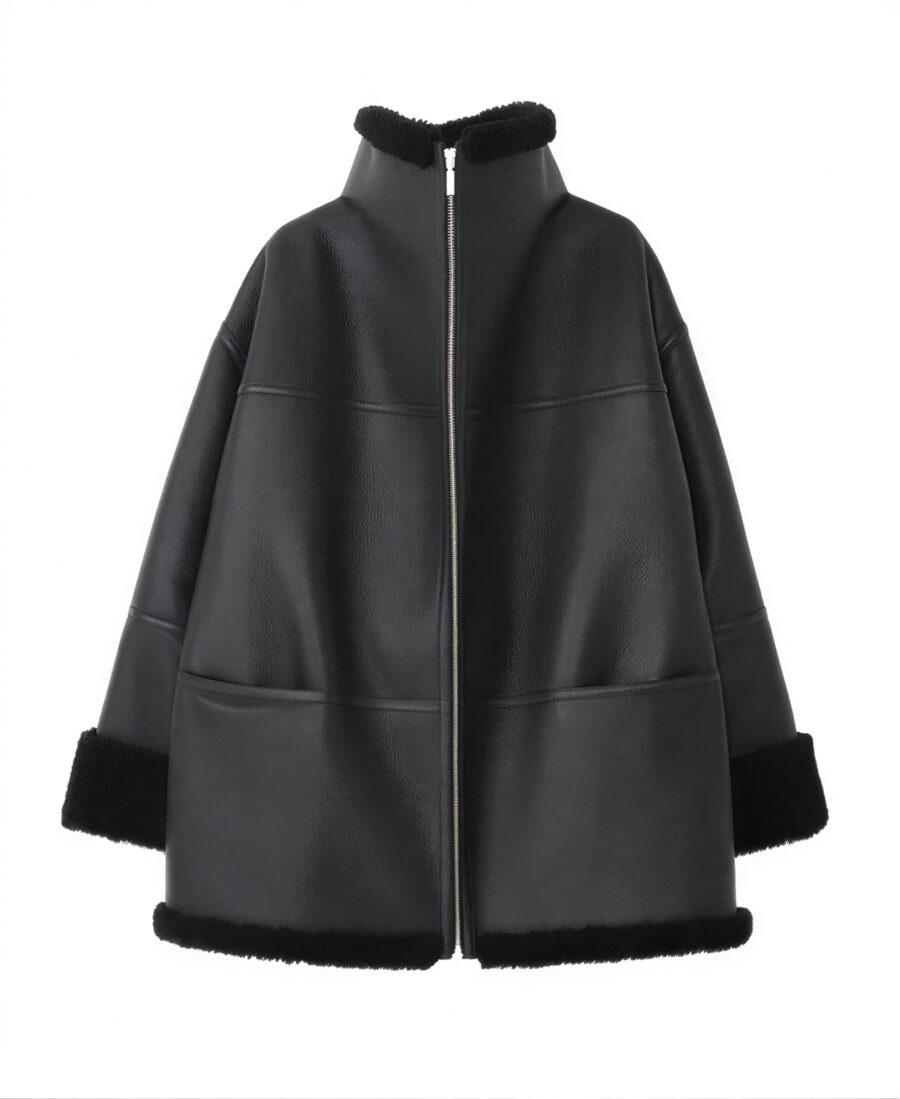 Women'S Black Oversized Shearling Leather Jacket Front View - Trendy Leather Jackets