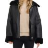 Women's Black Shearling Aviator Leather Jacket Front - Trendy Leather Jackets
