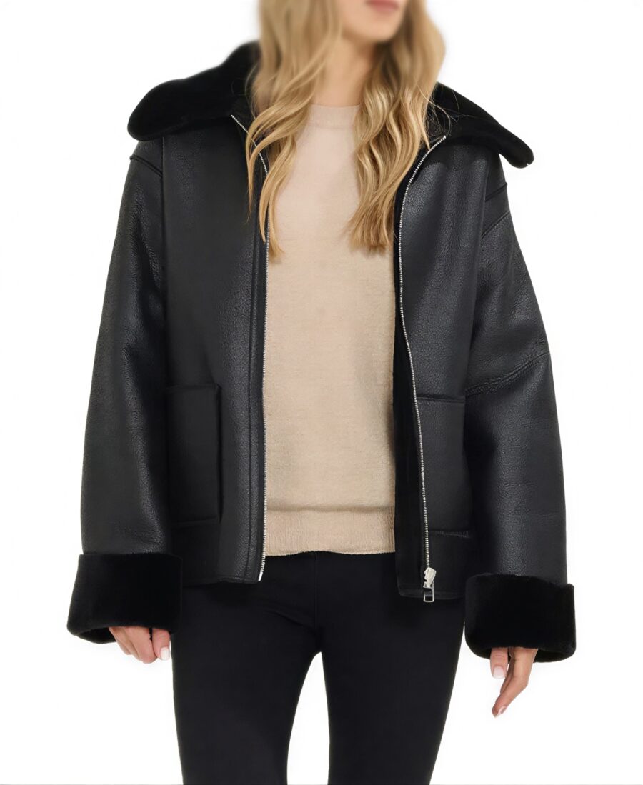 Women'S Black Shearling Aviator Leather Jacket Front - Trendy Leather Jackets