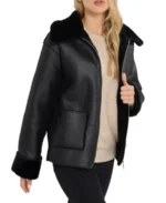 Women's Black Shearling Aviator Leather Jacket Side - Trendy Leather Jackets