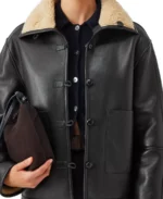 Women's Black Sherpa Collar Leather Jacket Closeup - Trendy Leather Jackets