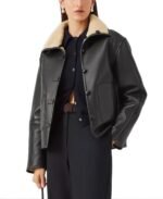 Women's Black Sherpa Collar Leather Jacket Front - Trendy Leather Jackets