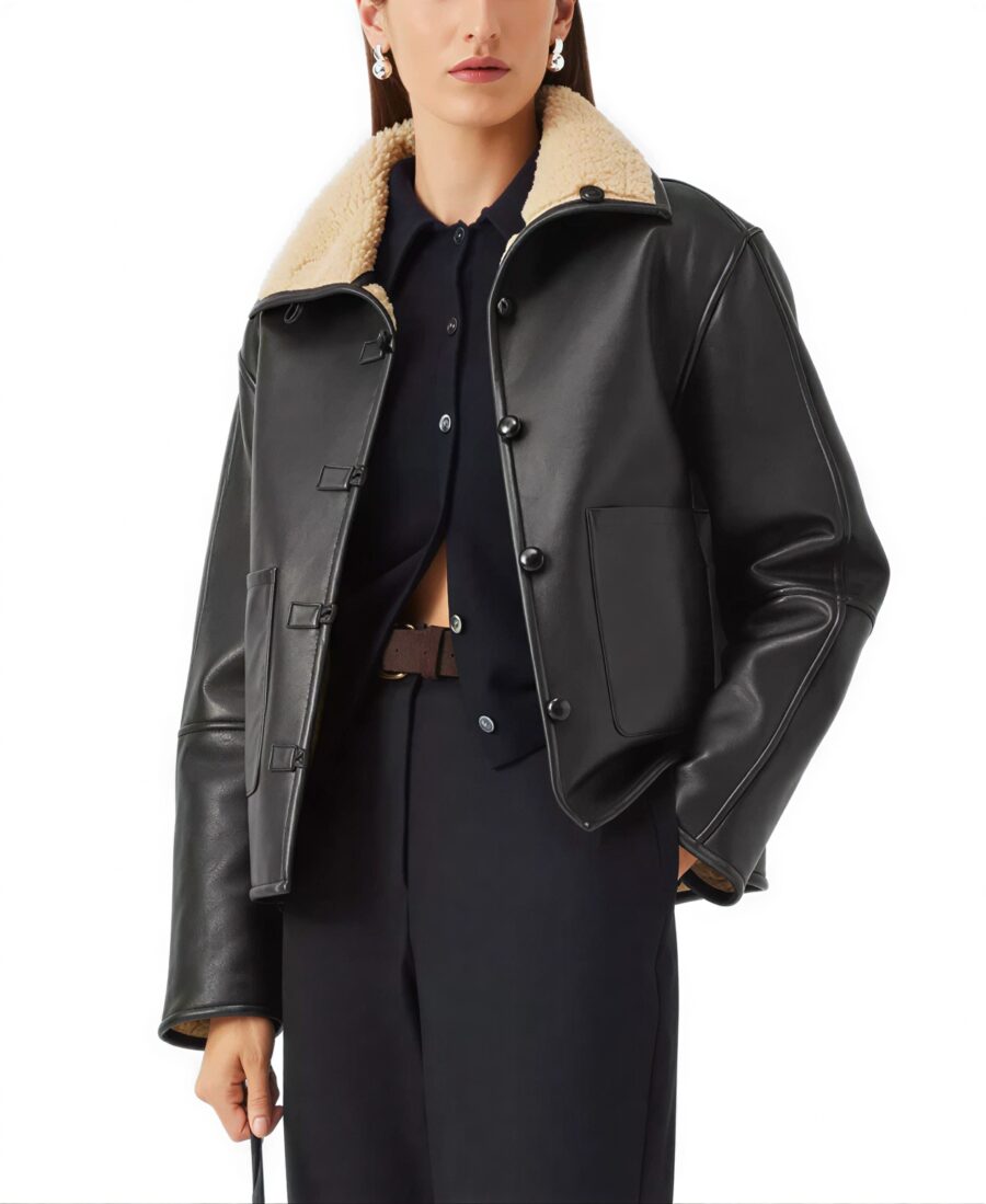 Women'S Black Sherpa Collar Leather Jacket Front - Trendy Leather Jackets
