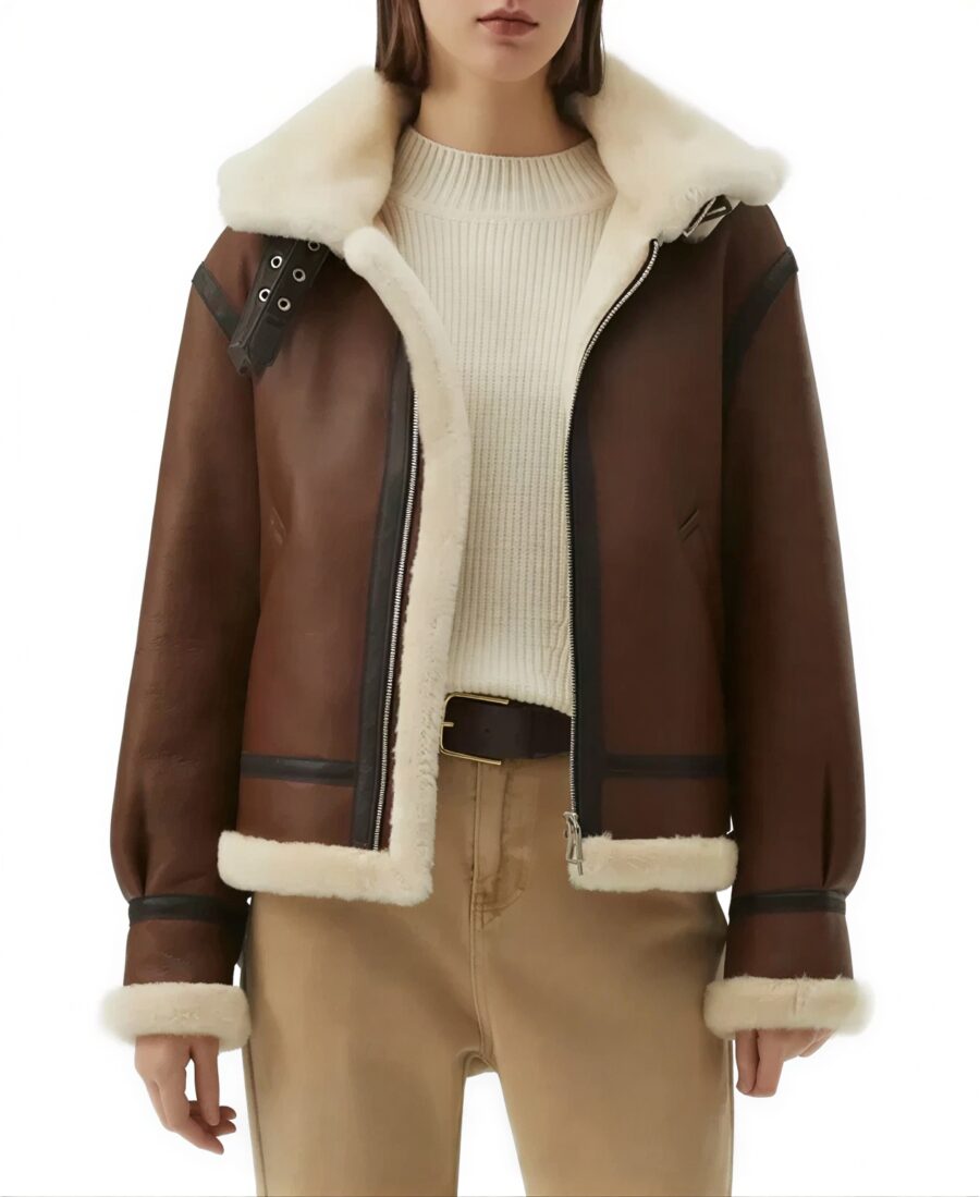 Women'S Brown Sheepskin Aviator Leather Jacket - Trendy Leather Jackets