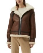 Women's Brown Sheepskin Aviator Leather Jacket Front - Trendy Leather Jackets