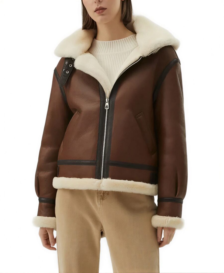Women'S Brown Sheepskin Aviator Leather Jacket 6 Women'S Brown Sheepskin Aviator Leather Jacket Front - Trendy Leather Jackets