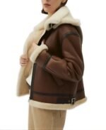 Women's Brown Sheepskin Aviator Leather Jacket Side - Trendy Leather Jackets