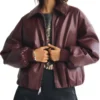 Women's Burgundy Oversized Bomber Jacket - Trendy Leather Jackets