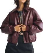 Women's Burgundy Oversized Bomber Jacket - Trendy Leather Jackets