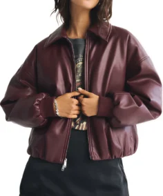 Women's Burgundy Oversized Bomber Jacket - Trendy Leather Jackets