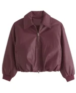 Women's Burgundy Oversized Bomber Jacket Front - Trendy Leather Jackets
