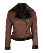 Women's Cognac Shearling Moto Leather Jacket - Trendy Leather Jackets