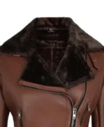 Women's Cognac Shearling Moto Leather Jacket Closeup - Trendy Leather Jackets