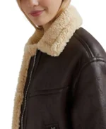 Women's Dark Brown Shearling Bomber Jacket Closeup - Trendy Leather Jackets