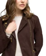 Women's Dark Brown Suede Leather Jacket Closeup - Trendy Leather Jackets