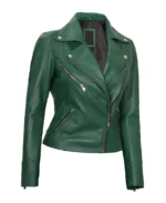 Women's Green Cafe Racer Leather Jacket Closeup - Trendy Leather Jackets