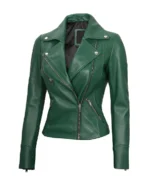 Women's Green Cafe Racer Leather Jacket Front - Trendy Leather Jackets