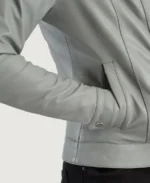 Women's Grey Biker Leather Jacket Closeup - Trendy Leather Jackets