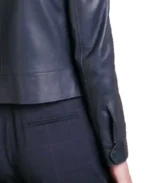 Women's Navy Cropped Leather Jacket Cuffs - Trendy Leather Jackets