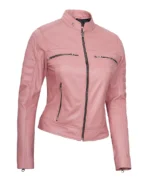 Women's Pink Biker Leather Jacket Side - Trendy Leather Jackets