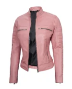 Women's Pink Biker Leather Jacket Side View - Trendy Leather Jackets