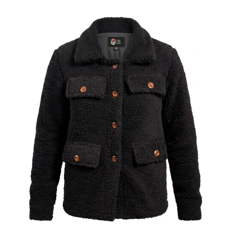Women’s Signature Black Faux Sherpa Jacket Front View - Trendy Leather Jackets