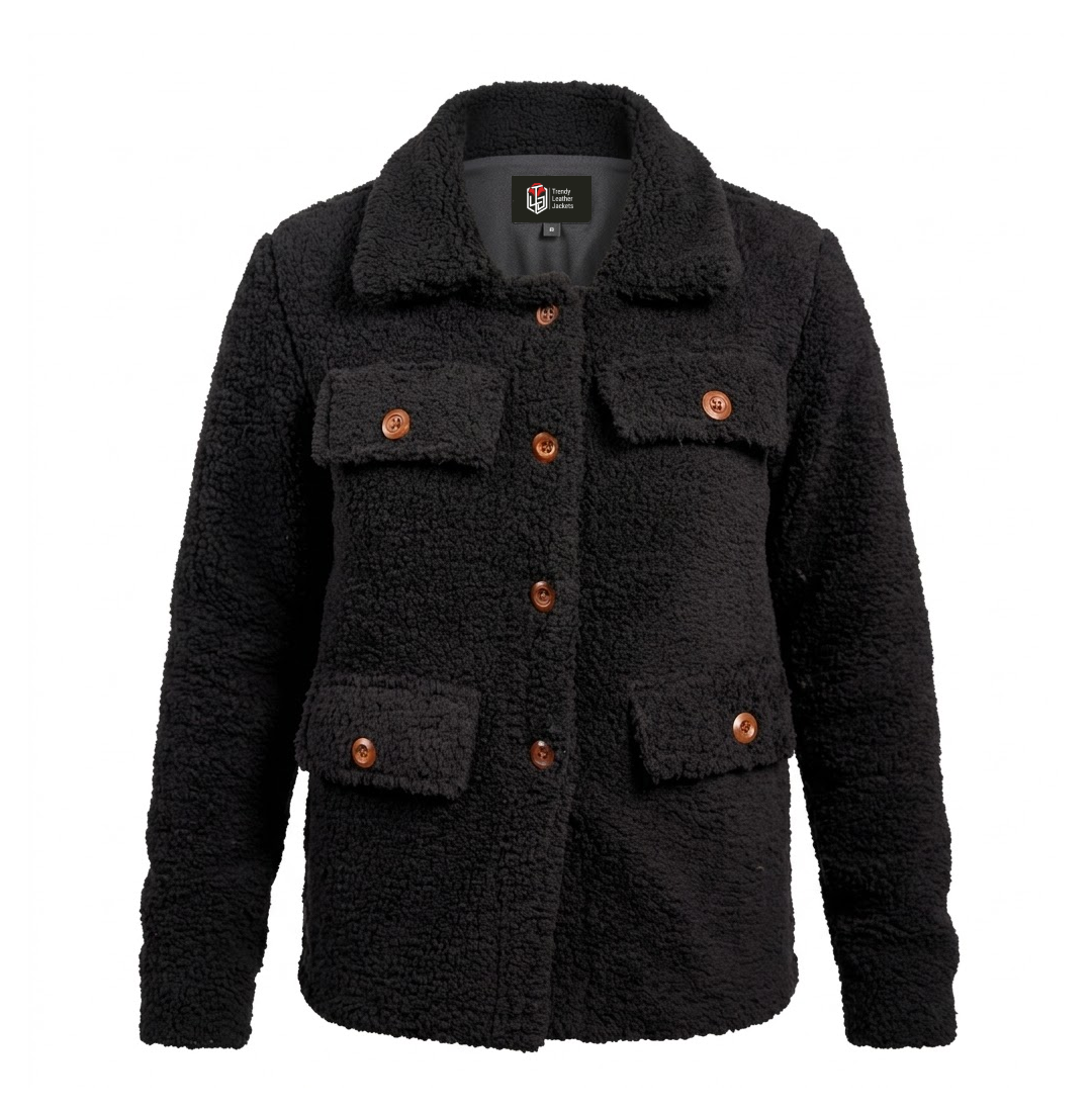 Women’s Signature Black Faux Sherpa Jacket Front View - Trendy Leather Jackets