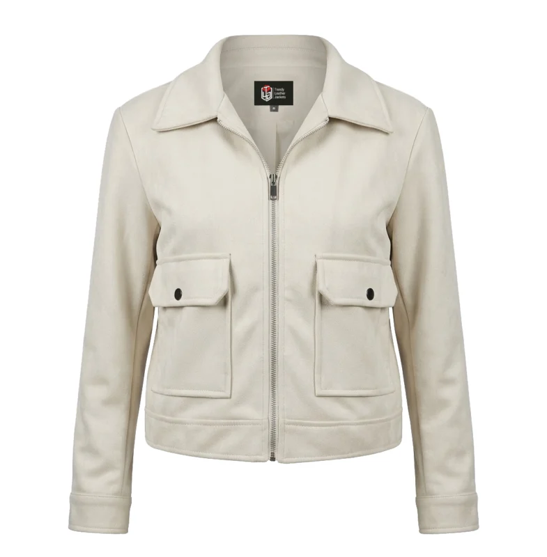 Women's Signature Cream Faux Suede Jacket Front View - Trendy Leather Jackets