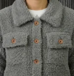 Women's Signature Light Grey Faux Sherpa Jacket Closeup - Trendy Leather Jackets