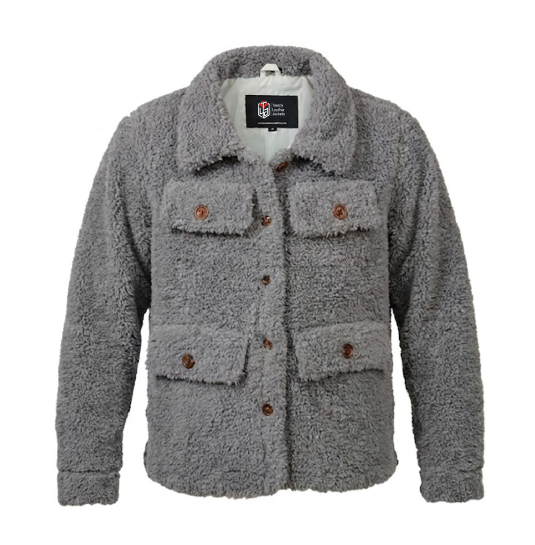 Women’s Signature Light Grey Faux Sherpa Jacket - Trendy Leather Jackets