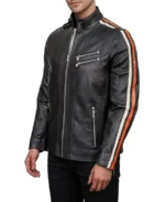 Men's Retro Stripe Biker Leather Jacket Side - Trendy Leather Jackets