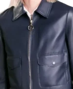 Women's Navy Cropped Leather Jacket Closeup - Trendy Leather Jackets