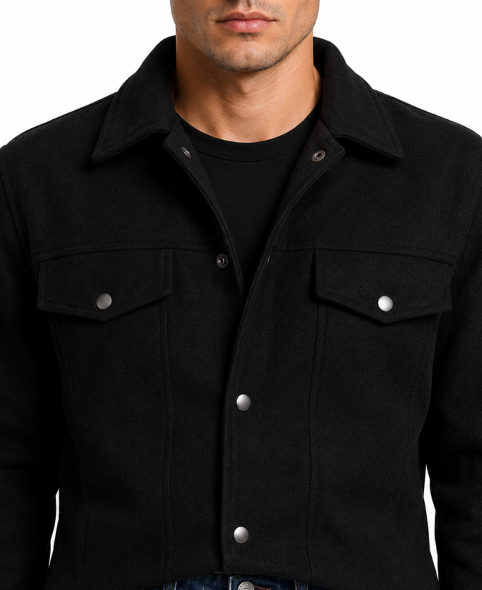 Men’s Signature Wool Blend Felt Black Jacket Closeup - Trendy Leather Jackets