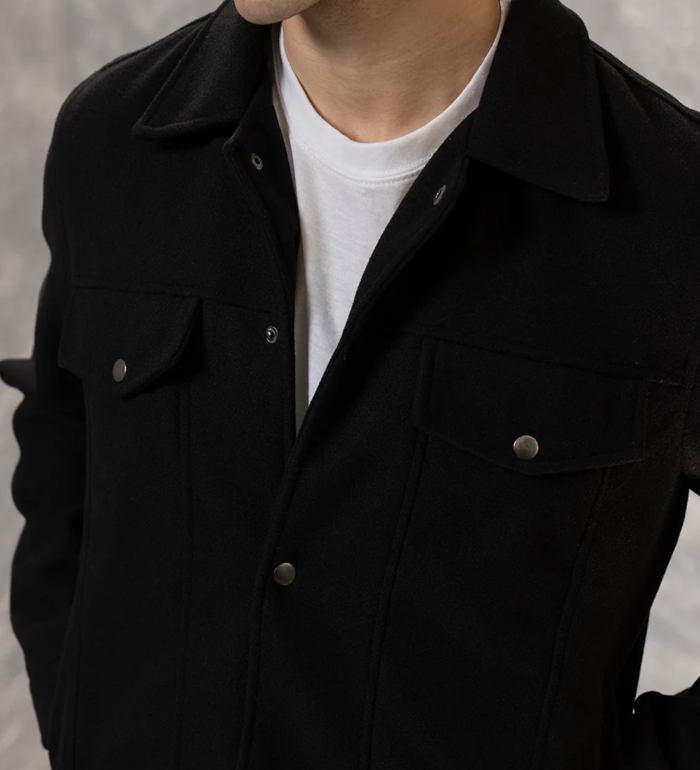 Men’s Signature Wool Blend Felt Black Jacket Closeup - Trendy Leather Jackets