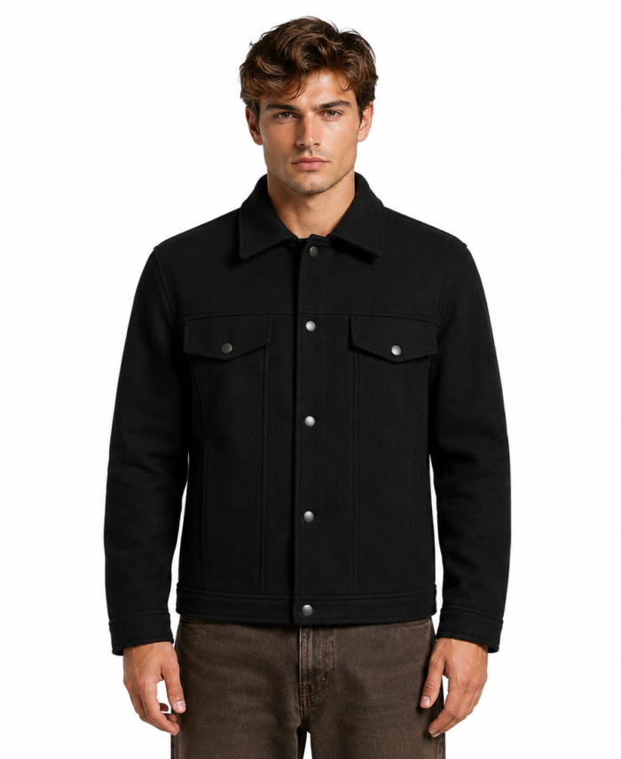 Men’s Signature Wool Blend Felt Black Jacket Front - Trendy Leather Jackets
